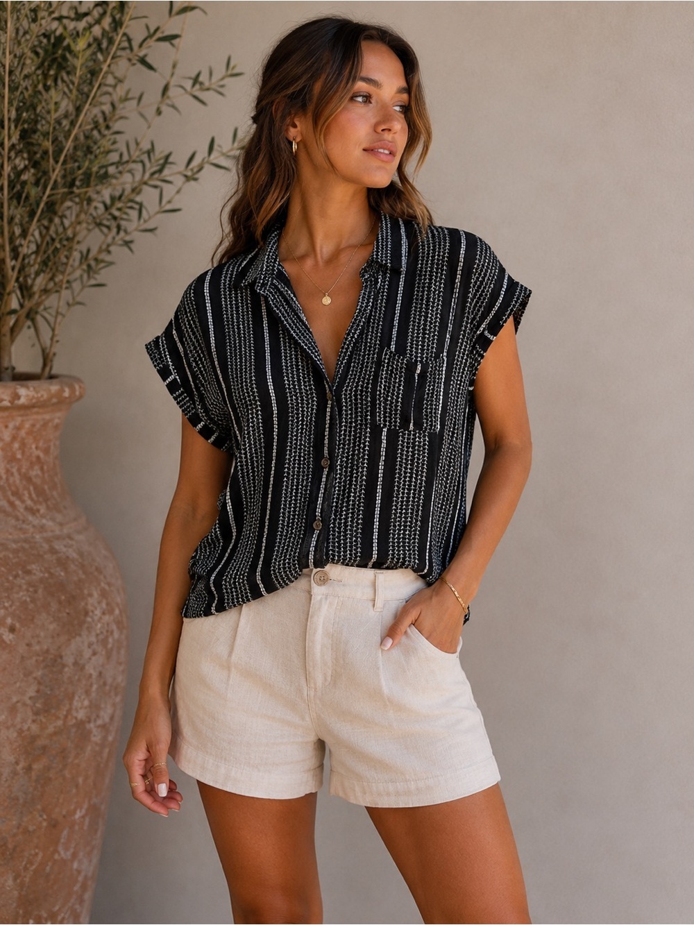 Ever B Black and White Striped Button Down Blouse Size L Minimalist Lightweight